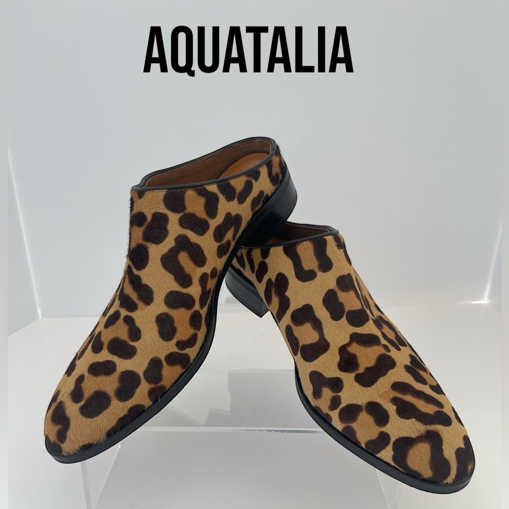 Aquatalia Yolanda Leopard Print Calf Hair Mules Women's Size 8.5 Italy